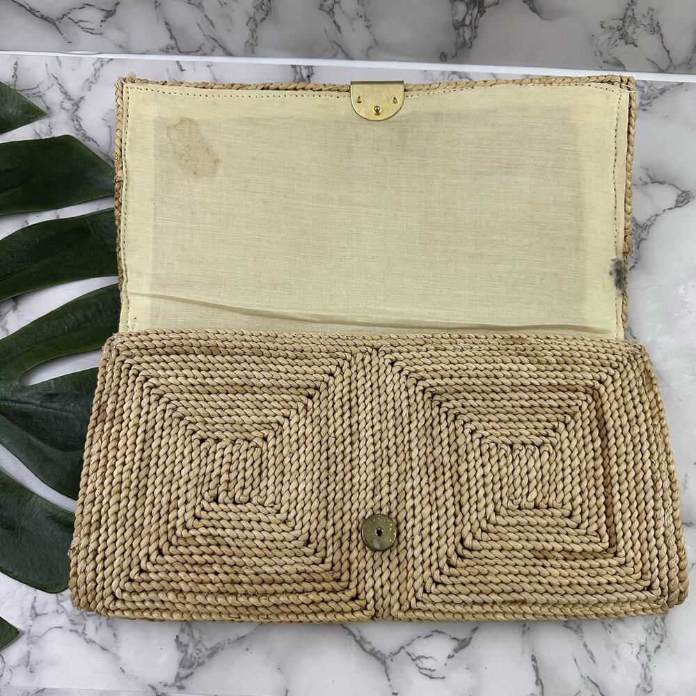 Vintage 70s Woven Straw Grass Clutch Purse Bag Boho Tropical Raffia Hong Kong - Picture 5 of 7